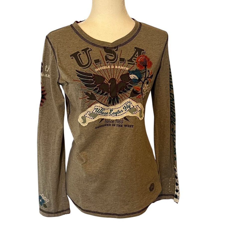 Double D Ranch Long Sleeve Tee with Flag and Feather Graphic